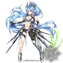 Rule 34 | 1girl, 2020, blue eyes, blue hair, breasts, character request, cleavage, commentary request, copyright request, dated, elbow gloves, full body, gijang, gloves, hair between eyes, large breasts, leg armor, long hair, looking at viewer, navel, ponytail, simple background, smile, solo, stomach, very long hair, white background