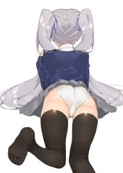 Rule 34 | 1girl, 2l (2lsize), ass, black thighhighs, blue ribbon, blue sweater, facing away, grey skirt, hair ribbon, highres, long hair, lying, maid, nape, on stomach, original, panties, pleated skirt, ribbon, silver hair, simple background, skirt, soles, solo, sweater, thighhighs, thighs, twintails, underwear, upskirt, very long hair, white background, white panties