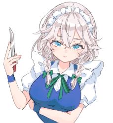 Rule 34 | 1girl, blouse, blue dress, blue eyes, bow, braid, breasts, dress, green bow, green ribbon, hair between eyes, hair bow, highres, holding, holding knife, izayoi sakuya, knife, large breasts, looking at viewer, maid, maid headdress, neck ribbon, paragasu (parags112), puffy short sleeves, puffy sleeves, ribbon, shirt, short hair, short sleeves, simple background, solo, touhou, twin braids, upper body, white background, white shirt, wrist cuffs