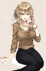 Rule 34 | 1girl, arm support, black pants, breasts, brown sweater, chibirisu, cleavage, collarbone, hair between eyes, heart, highres, jewelry, large breasts, light brown hair, long hair, long sleeves, looking at viewer, mole, mole under mouth, original, pants, parted lips, pendant, ribbed sweater, side ponytail, sidelocks, solo, spoken heart, sweater, teeth, upper teeth only