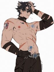 Rule 34 | 1boy, abs, bandaged hand, bandaged neck, bandages, bara, black hair, black pants, genshin impact, grey hair, highres, large pectorals, male focus, multicolored hair, muscular, muscular male, navel, nipples, pants, pectorals, scar, scar on arm, scar on chest, short hair, solo, tattoo, two-tone hair, wriothesley (genshin impact), yoma 0 0
