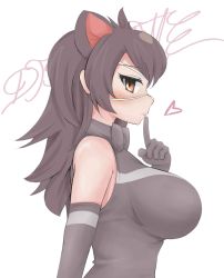 Rule 34 | 1girl, animal ears, armpit crease, australian devil (kemono friends), blush, bow, bowtie, breasts, brown eyes, closed mouth, cocohasi, detached sleeves, extra ears, eyepatch, female focus, finger to mouth, from side, gloves, heart, highres, kemono friends, large breasts, light smile, lips, looking at viewer, maroon hair, medical eyepatch, medium hair, simple background, solo, upper body, white background