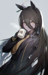 Rule 34 | 1girl, absurdres, ahoge, animal ears, black gloves, black hair, black jacket, black shirt, black skirt, brown eyes, closed mouth, collared shirt, commentary request, cup, ear piercing, gloves, grey background, hair between eyes, hand up, highres, holding, holding cup, horse ears, jacket, kagerou (gigayasoma), long hair, looking at viewer, manhattan cafe (umamusume), mug, necktie, open clothes, open jacket, piercing, pleated skirt, shirt, skirt, solo, star (symbol), steam, umamusume, very long hair, yellow necktie