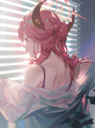 Rule 34 | 1girl, aru (blue archive), bare shoulders, blue archive, bow, fajyobore, hair bow, halo, highres, horns, leaf, long hair, long sleeves, looking down, pink hair, solo, strap, sunlight, window, yellow eyes