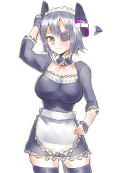 Rule 34 | 10s, 1girl, apron, bad id, bad pixiv id, blush, breasts, contrapposto, cowboy shot, detached collar, doyouwantto, embarrassed, eyepatch, female focus, fingerless gloves, gloves, hand on own hip, hand on own head, headgear, highres, kantai collection, large breasts, looking at viewer, maid, maid apron, maid headdress, purple hair, short hair, skindentation, solo, squiggle, standing, sweatdrop, tenryuu (kancolle), thighhighs, waist apron, white background, yellow eyes, zettai ryouiki