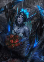 Rule 34 | alternate costume, angel wings, bare shoulders, black hair, black lips, black wings, blue eyes, blue flower, bouquet, bridal veil, cglas, cuffs, dress, earrings, flower, from above, ghost bride morgana, highres, jewelry, league of legends, lipstick, looking at viewer, looking up, makeup, morgana (league of legends), pointy ears, puddle, rain, red flower, ripples, shackles, signature, solo, veil, wedding dress, wings