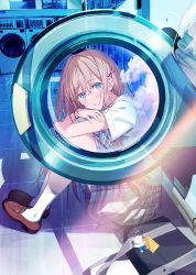 Rule 34 | 1girl, akamoku, arms on knees, bag, bag charm, banned artist, blonde hair, blue eyes, blush, bracelet, brown footwear, charm (object), cloud, commentary, crossed arms, day, dot nose, hair intakes, hair ornament, hairclip, highres, indoors, jewelry, knees up, laundromat, long hair, looking at viewer, original, parted lips, plaid, plaid skirt, reflection, school bag, school uniform, shirt, shoes, short sleeves, shoulder bag, sidelocks, sitting, skirt, sky, solo, sunlight, washing machine