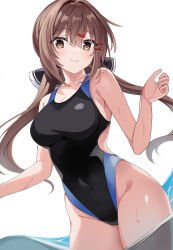 Rule 34 | 1girl, absurdres, bare arms, bare legs, bare shoulders, black bow, black one-piece swimsuit, blush, bow, breasts, brown eyes, brown hair, closed mouth, collarbone, cowboy shot, fathom, groin, hair between eyes, hair bow, hair ornament, hairclip, highres, kantai collection, large breasts, long hair, low twintails, one-piece swimsuit, simple background, smile, solo, swimsuit, tashkent (kancolle), twintails, water, white background