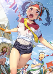 Rule 34 | 1boy, 3girls, blue hair, breasts, brown eyes, buruma, finish line, flags of all nations, gym uniform, headband, highres, medium hair, multiple girls, name tag, open mouth, original, outdoors, pairan, racing, relay baton, relay race, shirt, small breasts, solo focus, sports festival, string of flags, twintails, white shirt