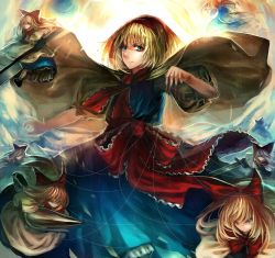 Rule 34 | 1girl, alice margatroid, bad id, bad pixiv id, blonde hair, blue eyes, cape, dress, female focus, frills, hairband, jewelry, maroon10, puppet rings, puppet strings, ring, sash, shanghai doll, smile, solo, string, touhou