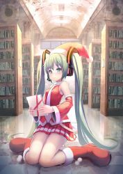 Rule 34 | 1girl, aqua hair, bad id, bad pixiv id, boots, cover, cover page, detached sleeves, gift, hat, hatsune miku, headphones, headset, holding, holding gift, library, long hair, majires!, necktie, santa costume, santa hat, shirakaba, skirt, smile, solo, twintails, very long hair, vocaloid