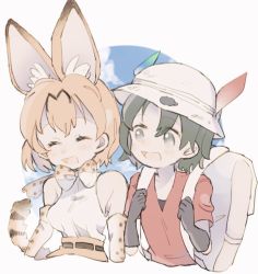 Rule 34 | 10s, 2girls, animal ear fluff, animal ears, backpack, bag, bare shoulders, belt, black hair, blonde hair, blush, bucket hat, elbow gloves, closed eyes, feathers, gloves, hat, high-waist skirt, highres, holding strap, kaban (kemono friends), kemono friends, laughing, looking at another, multicolored hair, multiple girls, serval (kemono friends), serval print, serval tail, shirt, short hair, short sleeves, skirt, sleeveless, t-shirt, tail, waterliryppp