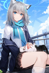 Rule 34 | 1girl, animal ear fluff, animal ears, arm support, bag, blazer, blue archive, blue sky, breast pocket, building, cat, chyopeuteu, closed mouth, cloud, cross, gloves, halo, highres, jacket, long sleeves, medium hair, open clothes, open jacket, plaid, plaid skirt, pocket, railing, scarf, shiroko (blue archive), shirt, sidelocks, single glove, sitting, skirt, sky, slit pupils, smile, socks, solo, thighs, white shirt, white socks, yellow gloves