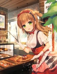 Rule 34 | 1girl, bad id, bad pixiv id, bakery, blueberry, blush, bow, bowtie, bread, brick wall, croissant, cupcake, drawing (object), dress, food, fruit, gloves, green eyes, hair ornament, hairband, highres, holding, indoors, kurosawalena, lamp, light brown hair, looking at viewer, moe2016, necomi, open mouth, original, shop, short ponytail, short sleeves, smile, solo, strawberry, table, tongs, white gloves, window, x hair ornament