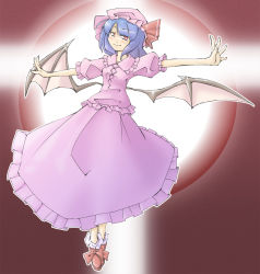 Rule 34 | 1girl, arnest, bat wings, dress, female focus, hat, hat ribbon, looking at viewer, mob cap, outstretched arms, pink dress, puffy short sleeves, puffy sleeves, red eyes, remilia scarlet, ribbon, shoes, short sleeves, silver hair, solo, touhou, wings