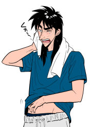 Rule 34 | 1boy, absurdres, black eyes, black hair, blue shirt, clothes lift, commentary request, cowboy shot, facial scar, fukumoto nobuyuki (style), grey background, grey pants, highres, itou kaiji, kaiji, long hair, looking afar, male focus, medium bangs, navel, official style, one eye closed, open mouth, pants, parody, pointy nose, scar, scar on cheek, scar on face, scratching stomach, shirt, shirt lift, short sleeves, simple background, solo, style parody, teeth, tongue, towel, towel around neck, upper teeth only, usarinko, yawning