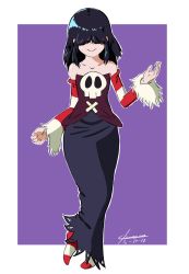 Rule 34 | 1girl, bare shoulders, black hair, cosplay, detached collar, detached sleeves, dress, full body, goth fashion, hair over eyes, highres, long skirt, lucy loud, no shoes, skirt, skullgirls, smile, socks, squigly (skullgirls), striped legwear, striped sleeves, tenayuca, the loud house