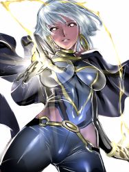 Rule 34 | 10s, 1girl, animification, bad id, bad pixiv id, breasts, cape, dark-skinned female, dark skin, dodai shouji, earrings, electricity, empty eyes, gloves, hoop earrings, jewelry, large breasts, marvel, simple background, solo, storm (x-men), tight clothes, x-men
