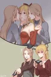 Rule 34 | 5girls, alternate costume, blonde hair, blush, brown hair, clone, contemporary, controller, earrings, game console, granblue fantasy, hair ribbon, hand on another&#039;s chin, highres, imagining, jewelry, katalina (granblue fantasy), long hair, miso-ha (ukyuu), multiple girls, playstation 4, ponytail, red eyes, ribbon, thought bubble, vira (granblue fantasy), yuri