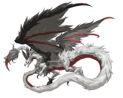 Rule 34 | animal focus, body fur, claws, commission, dragon, feathered wings, from side, full body, fur-tipped tail, highres, horns, monster, multiple horns, no humans, open mouth, original, scar, scar across eye, simple background, solo, white background, white fur, wings, xiaopizi32439, yellow eyes