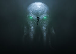 Rule 34 | 1other, absurdres, ambiguous gender, call of cthulhu, cthulhu, cthulhu mythos, facing another, from behind, glowing, glowing eyes, green eyes, highres, kalmahul, looking at viewer, monster, tentacles, underwater