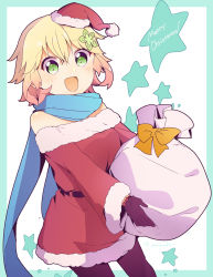 Rule 34 | 1girl, absurdres, alternate costume, bafarin, black gloves, blonde hair, blue scarf, dress, flower, fur-trimmed dress, fur trim, gabriel dropout, gift bag, gloves, green eyes, green flower, hair flower, hair ornament, happy, hat, highres, long sleeves, looking at viewer, merry christmas, pantyhose, red dress, santa costume, santa hat, scarf, short dress, solo, star (symbol), starry background, strapless, strapless dress, tapris chisaki sugarbell, tapris sugar step, white background