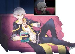 Rule 34 | 1boy, black gloves, black jacket, black pants, caelus (honkai: star rail), chibi, chibi inset, commentary, couch, cup, drinking, drinking straw, food, gloves, grey hair, holding, holding cup, honkai: star rail, honkai: star rail sticker redraw (meme), honkai (series), jacket, lying, male focus, meme, mokufuwa nnshi, on couch, on side, open clothes, open jacket, pants, shirt, short hair, solo, symbol-only commentary, trailblazer (honkai: star rail), white shirt, yellow eyes