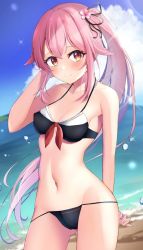 Rule 34 | 1girl, adapted costume, beach, bikini, black bikini, blue sky, breasts, cloud, contrapposto, day, harusame (kancolle), horizon, kantai collection, looking at viewer, medium breasts, nekoya crow, ocean, outdoors, pink hair, red eyes, side ponytail, sky, small breasts, solo, swimsuit, water