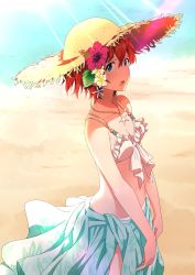 Rule 34 | 1girl, beach, bikini, bikini top only, blue eyes, blue sky, breasts, cleavage, collarbone, day, floral print, flower, frilled bikini, frilled bikini top, frills, hair flower, hair ornament, hat, hibiscus, highres, idolmaster, idolmaster million live!, idolmaster million live! theater days, jewelry, jirion, julia (idolmaster), looking at viewer, navel, necklace, open mouth, outdoors, red flower, red hair, sarong, short hair, sideboob, sky, small breasts, solo, standing, straw hat, sun hat, sunlight, swimsuit, white bikini, white flower, yellow hat