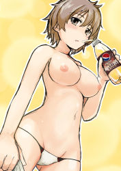 Rule 34 | 1girl, ashiga oreta, blush, bottle, breasts, brown eyes, brown hair, drinking straw, from below, groin, katou keiko, large breasts, lowleg, lowleg panties, nipples, panties, panties only, pepsi, pepsi baobab, product placement, senzure, short hair, solo, strike witches, sweat, topless, towel, underwear, underwear only, witches of africa, world witches series