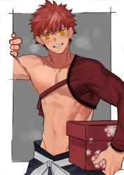 Rule 34 | 1boy, abs, blush, breath, emiya shirou, fate/grand order, fate (series), highres, holding, igote, japanese clothes, large pectorals, limited/zero over, male focus, muscular, navel, nipples, orange hair, pectorals, senji muramasa (fate), simple background, smile, solo, sweatdrop, topless male, upper body, yaowu, yellow eyes