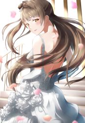 Rule 34 | 1girl, artist name, artist request, bare shoulders, blush, bow, breasts, brown eyes, brown hair, collarbone, dress, elbow gloves, female focus, flower dress, from behind, gloves, grey hair, hair bow, half-closed eyes, highres, holding, holding clothes, holding skirt, light brown hair, long hair, looking at viewer, looking back, love live!, love live! school idol project, medium breasts, minami kotori, miniskirt, parted lips, petals, pink petals, plaid, plaid dress, plaid skirt, pleated, pleated dress, pleated skirt, ponytail, side ponytail, sideboob, skirt, smile, solo, stairs, white background, white bow, white dress, white gloves, white skirt