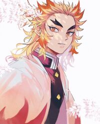 Rule 34 | 1boy, blonde hair, branch, cape, colored tips, dappled sunlight, demon slayer uniform, flame print, flower, forked eyebrows, from side, half updo, kimetsu no yaiba, long sleeves, looking at viewer, looking to the side, male focus, medium hair, mobichi, multicolored hair, orange eyes, orange hair, parted lips, red hair, rengoku kyoujurou, solo, streaked hair, sunlight, upper body, white background, white cape, yellow eyes