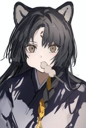 Rule 34 | 1girl, absurdres, animal ears, arknights, black hair, black kimono, brown eyes, commentary, dango, dog ears, dog girl, eating, facial mark, food, food in mouth, forehead mark, gawako, highres, japanese clothes, kimono, long hair, looking at viewer, saga (arknights), simple background, solo, upper body, wagashi, white background