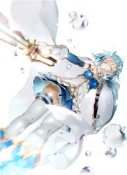 Rule 34 | 10s, 1girl, armband, belt, blue hair, bubble, cape, closed eyes, foreshortening, fortissimo, gloves, hair ornament, hairclip, highres, hoshii hisa, magical girl, mahou shoujo madoka magica, mahou shoujo madoka magica (anime), mahou shoujo madoka magica movie 1 &amp; 2, miki sayaka, musical note, musical note hair ornament, short hair, solo, soul gem, sword, tears, thighhighs, weapon, zettai ryouiki