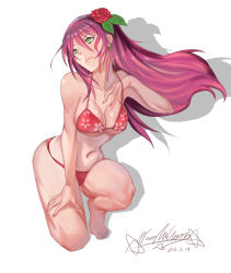 Rule 34 | 1girl, barefoot, bikini, breasts, derivative work, earrings, flower, glycyrrhizae~, green eyes, hair flower, hair ornament, highres, jewelry, large breasts, long hair, navel, on one knee, original, pink hair, purple hair, rose, shadow, shiny skin, sichen, signature, simple background, solo, squatting, strap lift, swimsuit, white background