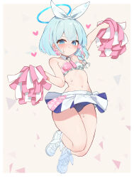 Rule 34 | 1girl, absurdres, arm up, arona (blue archive), asumi maboroshi, blue archive, blue eyes, blue hair, blue halo, blue panties, bow hairband, braid, breasts, cheerleader, closed mouth, commentary request, crop top, detached collar, footwear ribbon, grey background, hair ribbon, hairband, halo, halterneck, hand up, heart, highres, jumping, light blue hair, long hair, millennium cheerleader outfit (blue archive), multicolored hair, navel, panties, pink hair, pleated skirt, pom pom (cheerleading), ribbon, shoes, short hair, side braid, single braid, skirt, small breasts, sneakers, solo, sports bra, sweat, two-tone hair, underwear, very long hair, white footwear, white hairband, white ribbon
