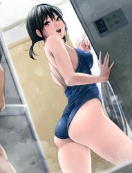 Rule 34 | 1boy, 1girl, ass, black hair, breasts, competition school swimsuit, covered erect nipples, from behind, hayakawa pao, highres, large breasts, lips, one-piece swimsuit, open mouth, original, pink eyes, red eyes, school swimsuit, short twintails, skindentation, solo focus, swimsuit, twintails, wet