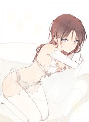 Rule 34 | 1girl, brown hair, cup, elbow gloves, gloves, grey eyes, in container, in cup, long hair, looking at viewer, lpip, original, simple background, solo, thighhighs, white gloves, white thighhighs