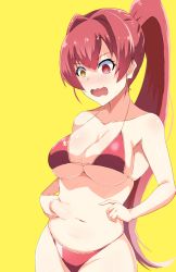 Rule 34 | 1girl, @ @, a-kiraa (whisper), absurdres, belly, belly grab, bikini, blush, breasts, collarbone, full-face blush, heterochromia, highres, hololive, houshou marine, houshou marine (summer), long hair, looking down, medium breasts, navel, open mouth, plump, ponytail, red bikini, red eyes, red hair, skindentation, solo, stomach, swimsuit, thick thighs, thighs, very long hair, virtual youtuber, wavy mouth, weight conscious, yellow background, yellow eyes
