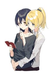 Rule 34 | 2girls, aqua eyes, ayase eli, bad id, bad twitter id, black hair, brown eyes, expressionless, hand to own mouth, huanxiang heitu, hug, hug from behind, long hair, long sleeves, looking down, love live!, love live! school idol project, mechanical pencil, multiple girls, notebook, pencil, ponytail, simple background, smile, sonoda umi, white background, yuri