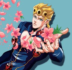 Rule 34 | 1boy, blonde hair, blue background, blue eyes, braid, bug, flower, giorno giovanna, insect, jojo no kimyou na bouken, ladybug, looking at viewer, male focus, open hand, outstretched hand, petals, shooarashi, simple background, solo, vento aureo