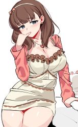 Rule 34 | 1girl, alternate breast size, blush, breasts, brown hair, cake, cleavage, earrings, finger to mouth, food, hairband, heart, heart earrings, heart necklace, highres, idolmaster, idolmaster cinderella girls, jewelry, looking at viewer, ndgd, necklace, pinky to mouth, revision, sakuma mayu, scoop neck, simple background, sketch, solo, thighs, white background