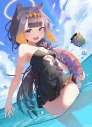 Rule 34 | 1girl, absurdres, blue eyes, blush, breasts, caustics, cloud, day, diamond hairband, dress, eyewear on head, halo, highres, hololive, hololive english, long hair, looking at viewer, ninomae ina&#039;nis, open mouth, outdoors, panties, purple hair, sky, small breasts, smile, strapless, strapless dress, sunglasses, takodachi (ninomae ina&#039;nis), tentacle hair, tube, tube dress, underwear, very long hair, virtual youtuber, wading, water, water drop, waves, wet, white panties