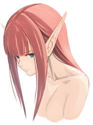 Rule 34 | 1girl, blue eyes, blunt bangs, breasts, cleavage, closed mouth, collarbone, cropped torso, long hair, original, pink hair, pointy ears, simple background, slit pupils, small breasts, solo, straight hair, sushi (sashimise), upper body, white background