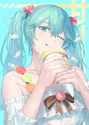 Rule 34 | 1girl, absurdres, aqua eyes, aqua hair, blue nails, blush, candy, candy hair ornament, candy wrapper, collarbone, commentary request, crepe, eating, eyelashes, food, food-themed hair ornament, frilled shirt, frills, green nails, hair ornament, hands up, hatsune miku, highres, holding, holding food, licking lips, long hair, looking at viewer, multicolored nails, nail polish, off-shoulder shirt, off shoulder, one eye closed, pink nails, shirt, solo, tadanotarosuke, tongue, tongue out, twintails, vocaloid, whipped cream, white shirt