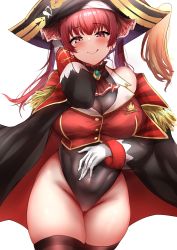 Rule 34 | 1girl, :q, absurdres, ascot, black leotard, black thighhighs, blush, breasts, cameltoe, cleavage, cleft of venus, cowboy shot, crop top, epaulettes, gloves, groin, hand up, hat, heterochromia, highres, hololive, houshou marine, houshou marine (1st costume), john zhang, large breasts, leotard, long hair, looking at viewer, no pants, pirate hat, plume, red eyes, red hair, see-through, see-through cleavage, solo, thighhighs, tongue, tongue out, twintails, virtual youtuber, white gloves, yellow eyes