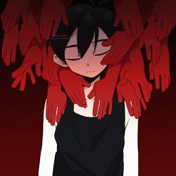 Rule 34 | 1boy, absurdres, black hair, black tank top, closed eyes, closed mouth, collarbone, colored skin, disembodied hand, expressionless, highres, kageimo, omori, omori (omori), short hair, solo, tank top, white skin