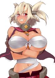 Rule 34 | 10s, 1girl, between breasts, blonde hair, blush, breasts, brown hair, budget sarashi, dark-skinned female, dark skin, female focus, glasses, headgear, highres, kantai collection, large breasts, long hair, looking at viewer, midriff, musashi (kancolle), necktie, necktie between breasts, one-hour drawing challenge, pointy hair, red eyes, sarashi, short hair, simple background, skirt, solo, tori kaku, twintails, two side up, white hair