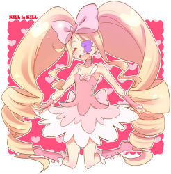 Rule 34 | 10s, 1girl, big hair, blonde hair, boots, bow, drill hair, eyepatch, female focus, harime nui, heart, hoshino (nia hoshino), kill la kill, long hair, open mouth, pink bow, pink footwear, ribbon, smile, solo, twin drills, twintails